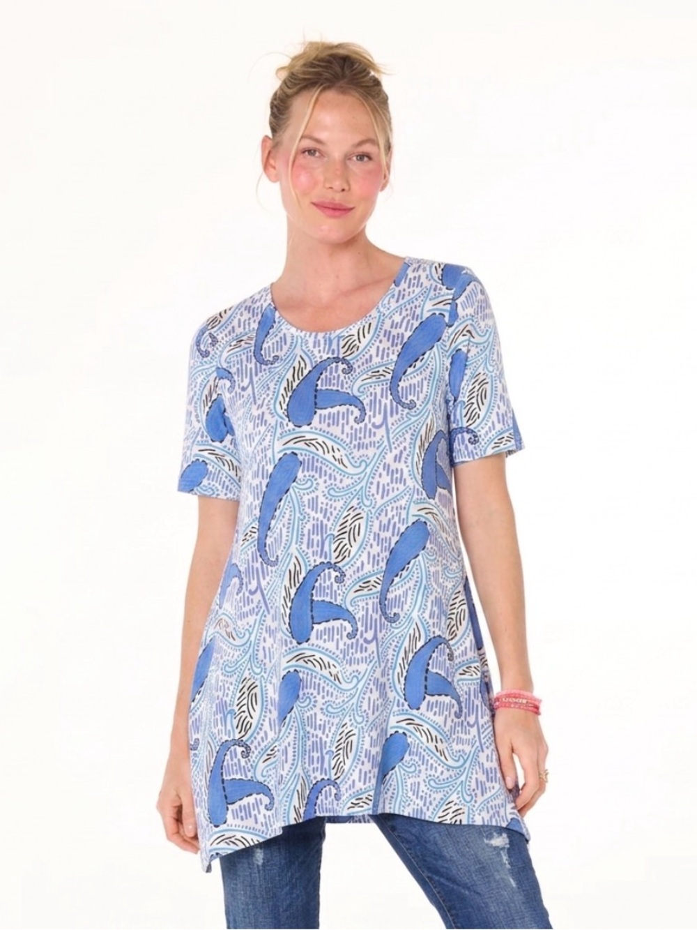 Fresh Produce Sapphire Paisley Print Cotton Knit Short Sleeve Tee Blue Size SM